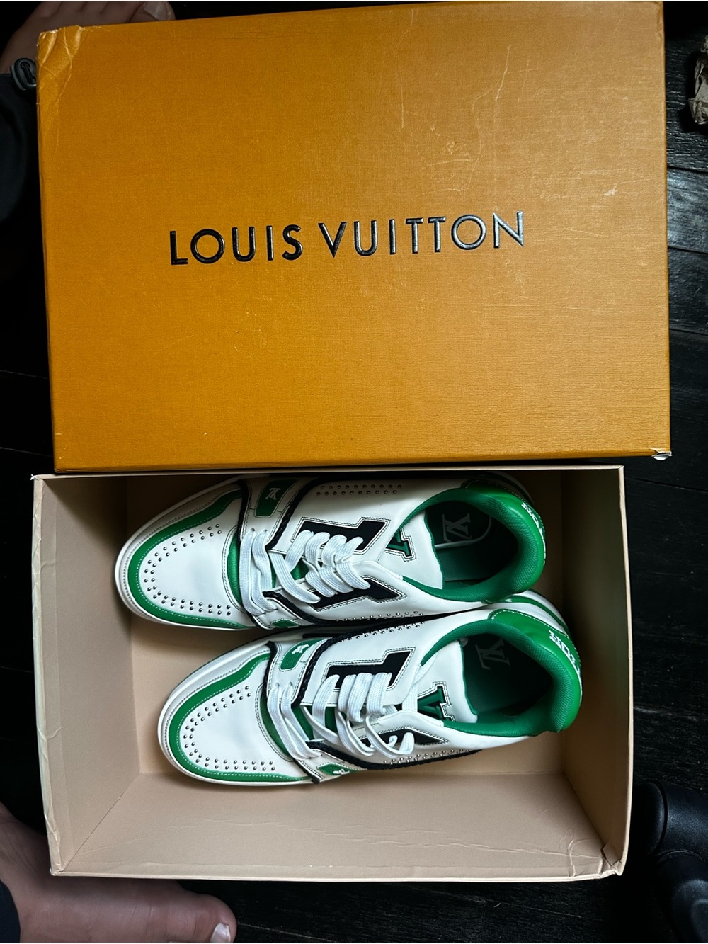 Louis Vuitton White and Green Low-Top Sneakers